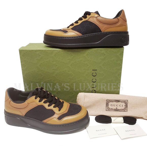 GUCCI MENS SNEAKERS BASKET GG LOGO JACQUARD BROWN LEATHER SHOES sz 10 10.5 US - Picture 2 of 15